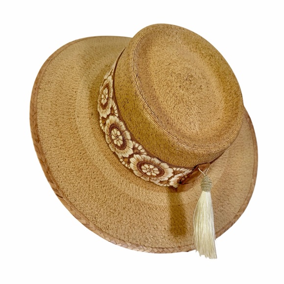 Accessories - Tan Straw Boater Brim Hat with Floral Band and Tassel